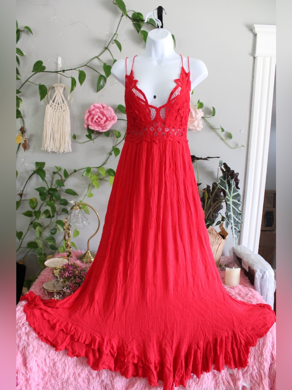 Free People FP One Red Crochet Lace Maxi Dress Strappy Back Boho Size M